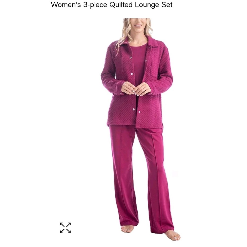 MUK LUKS Tall 3-Piece Quilted Shacket Lounge Set Berry Small NWT